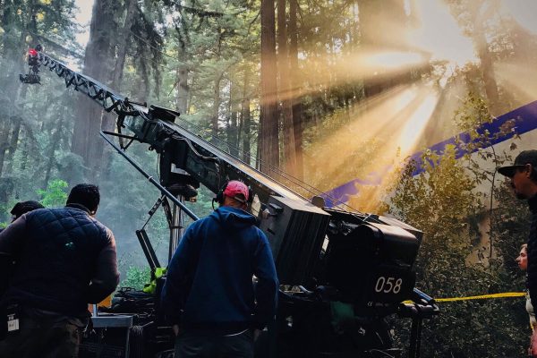 Camera crane shooting a movie in the forest